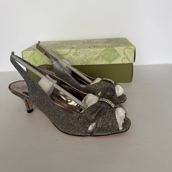 J Renee Heels Slader Dance Fabric Shimmery Pewter Kitten Heels Sling Back 8 W - Picture 1 of 10